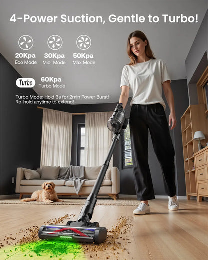【2026 New Arrivals】 T553 Cordless Vacuum Cleaner for Home, Upgraded 60Kpa Powerful Suction Pet Hair Vacuum with 70min Runtime, Green LED Light for Hardwood Floors & Carpet, Self-Standing Rechargeable Stick Vacuum